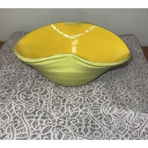 Green And Yellow Studio Pottery Bowl‎ Glazed Signed 10"X 7"